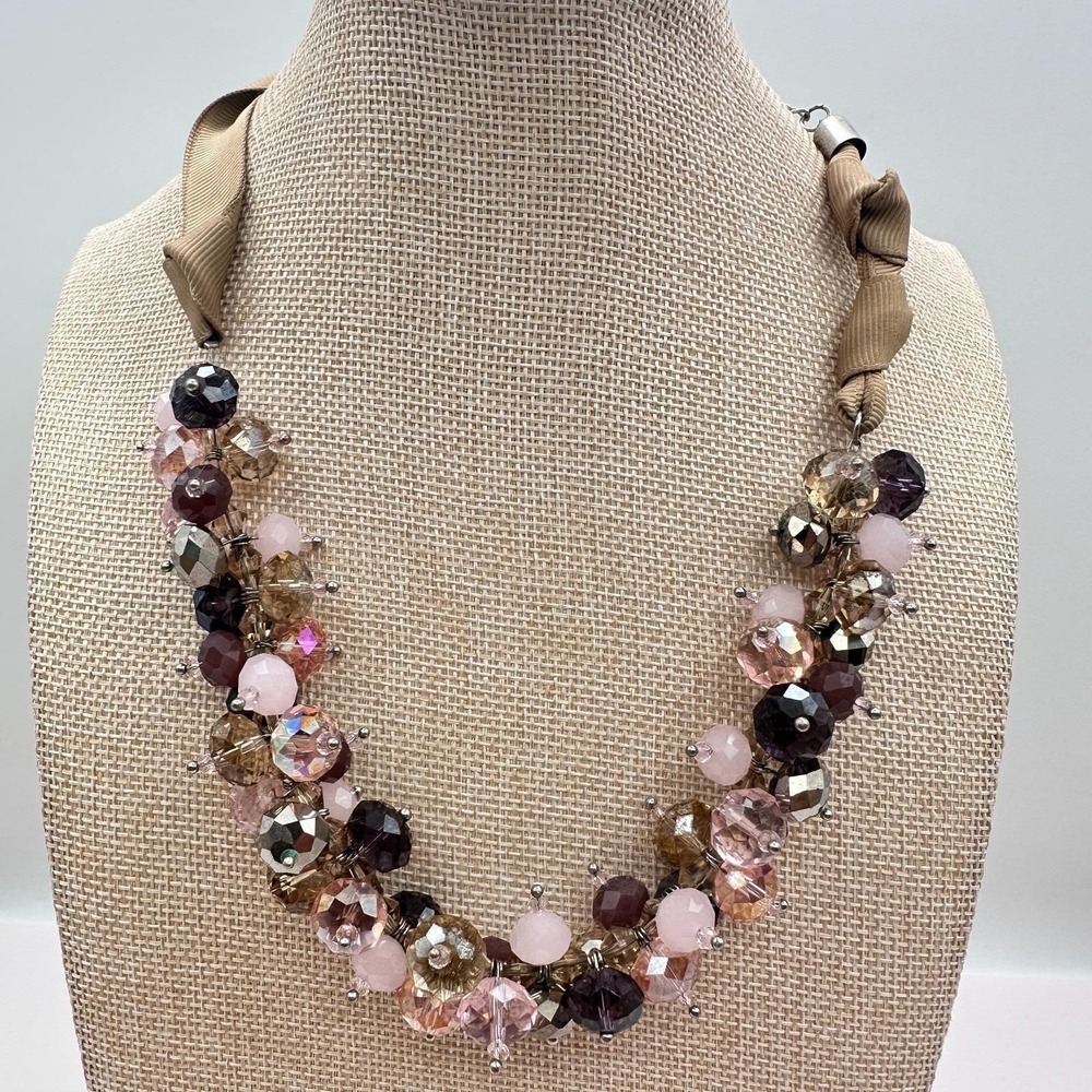 Vintage 90s Ali Khan New York Ribbon Strap Cluster Beaded Necklace Jewelry Boho - Picture 8 of 10